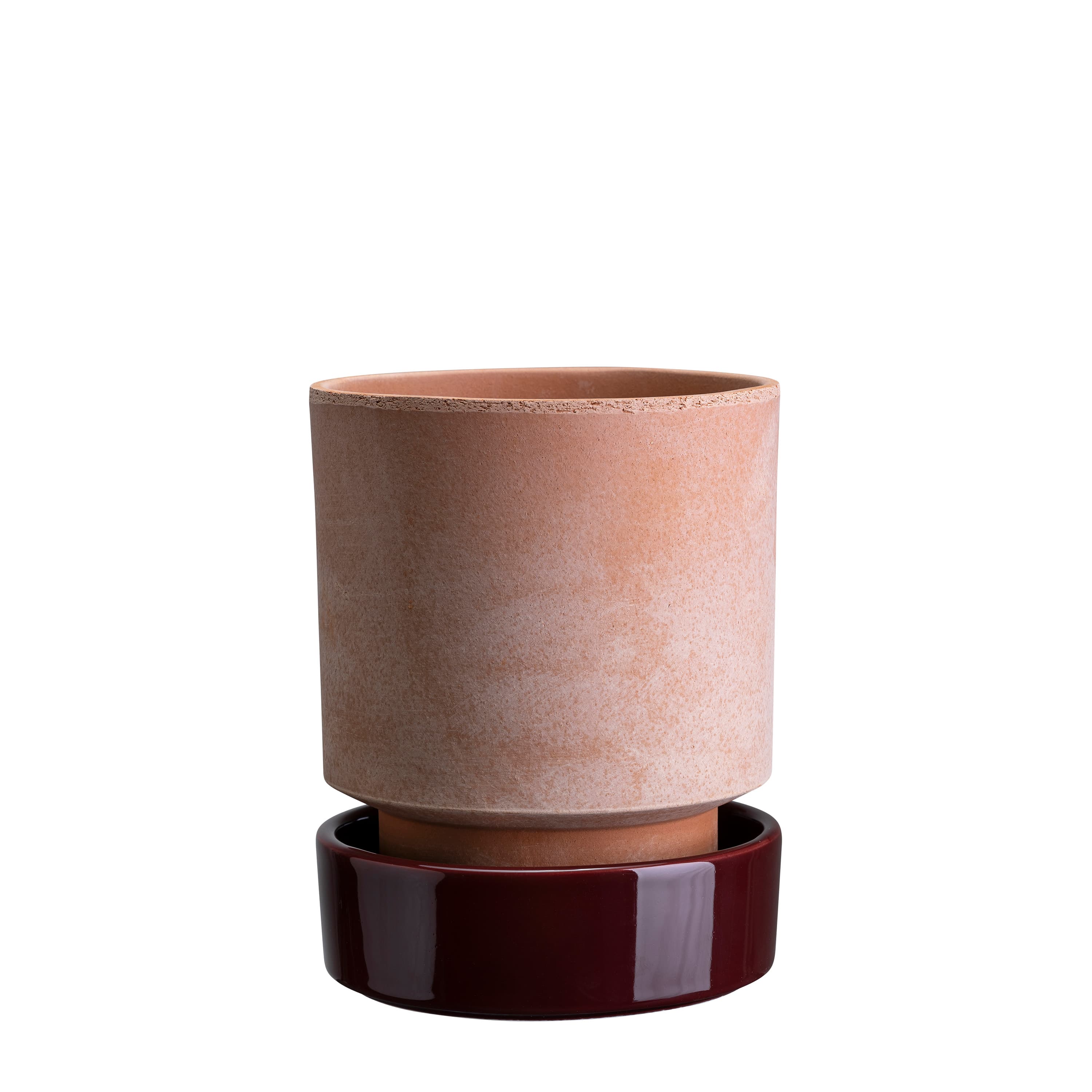 Hoff‑ruukku aluslautasella Raw Rosa/Glazed Deep Burgundy Ø16