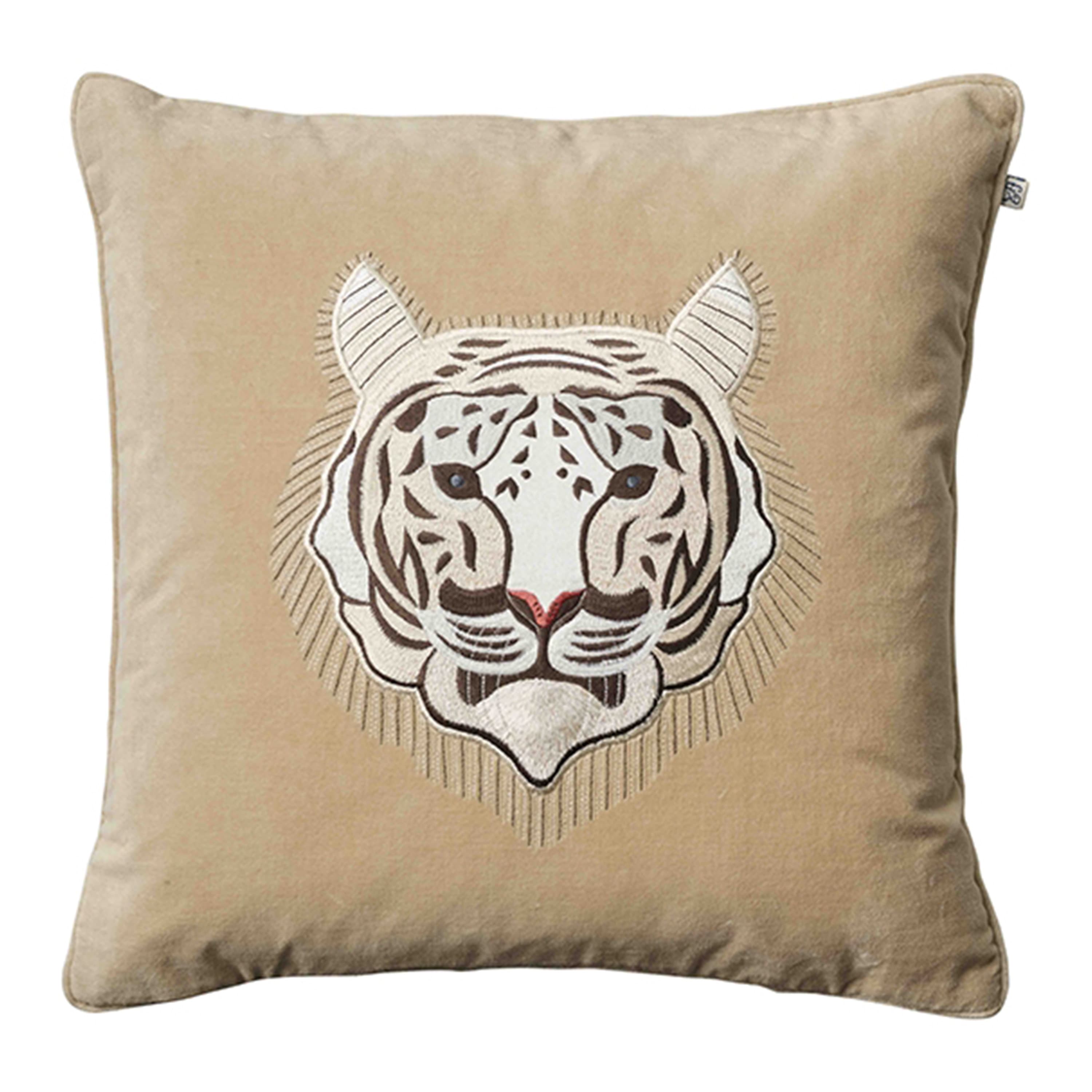 Brodeerattu White Tiger Tyynynpäällinen Sametti Beige 50x50