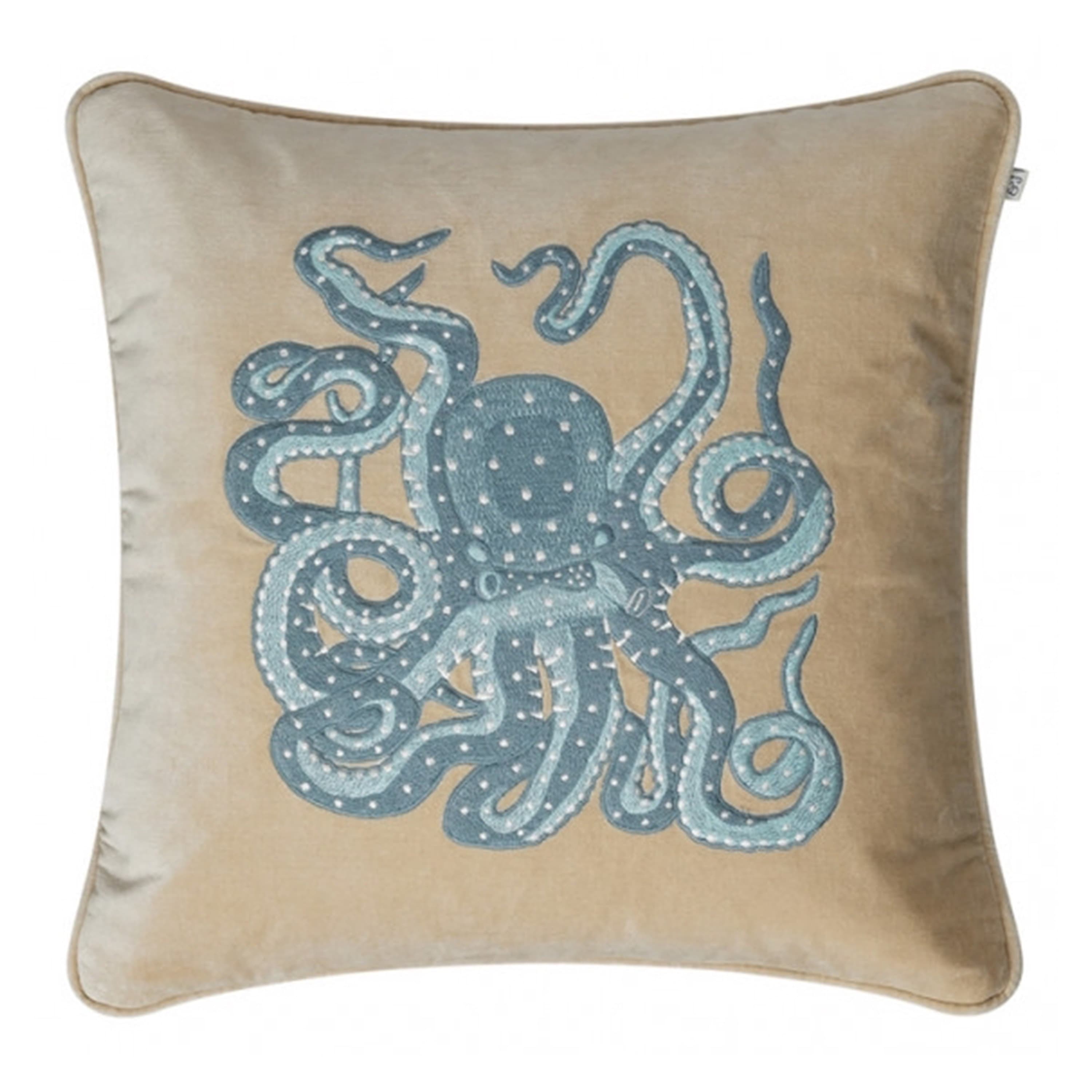 Brodeerattu Octopus Tyynynpäällinen Sametti Beige/Aqua 50x50