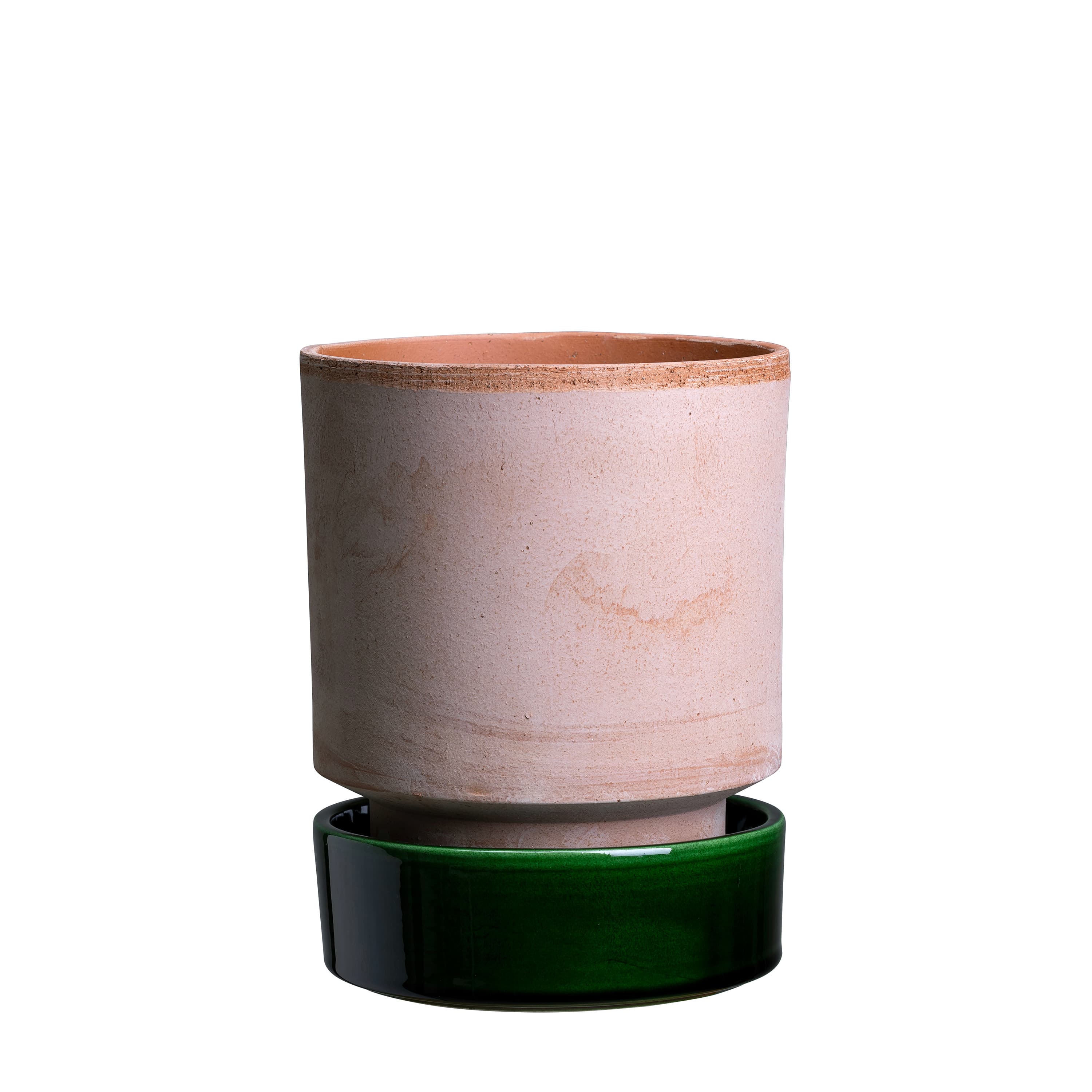 Hoff‑ruukku aluslautasella Raw Rosa/Glazed Emerald Green Ø18