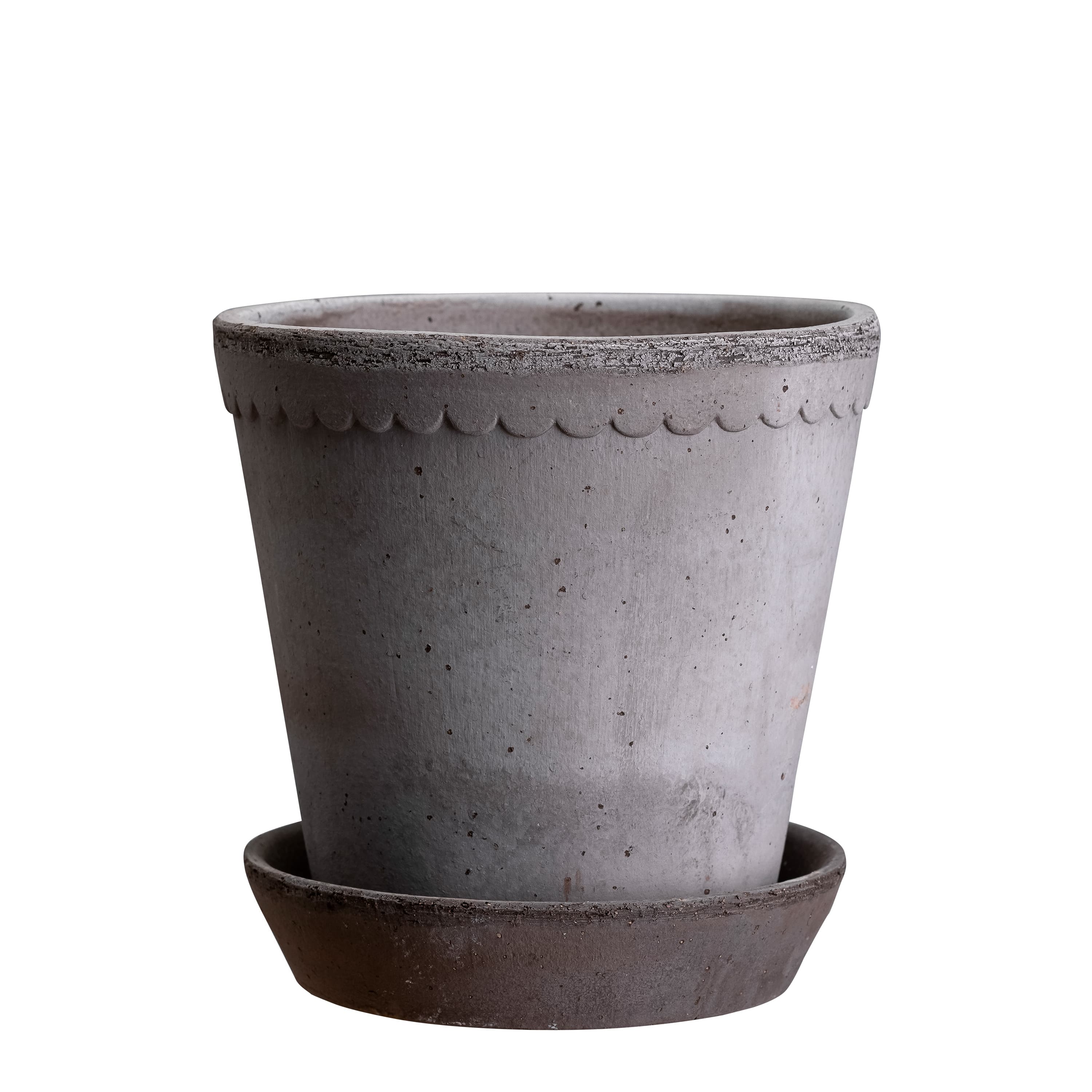 Helena‑ruukku aluslautasella Raw Grey Terrakotta Ø25