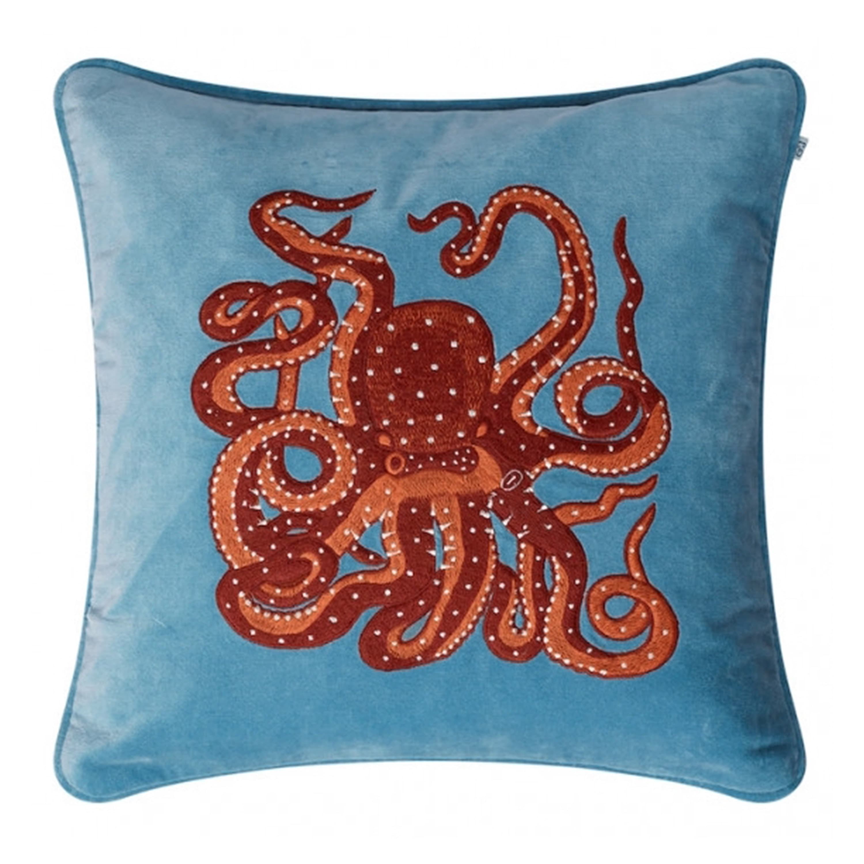 Brodeerattu Octopus Tyynynpäällinen Sametti Taivaansininen/Oranssi/Ruusu 50x50